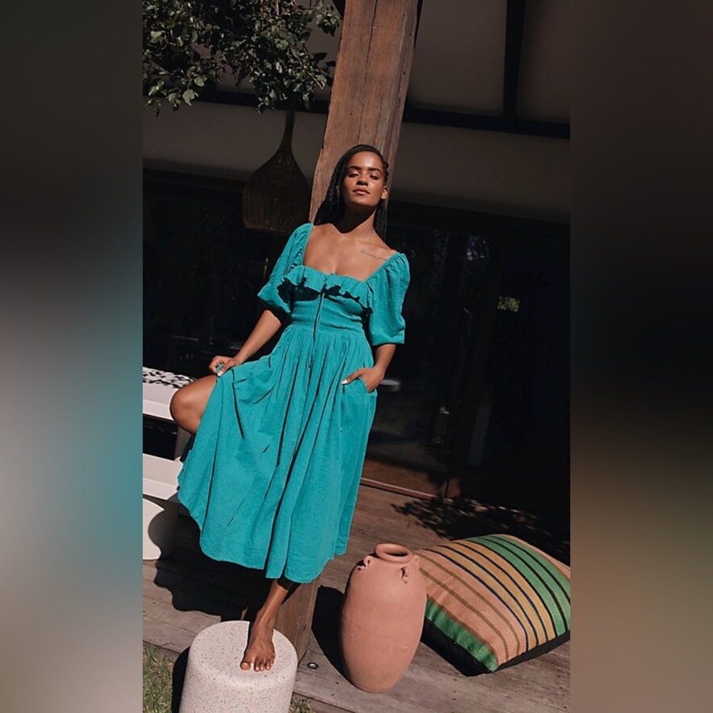 Free People Oasis Midi Dress in Golf Green - Shirred